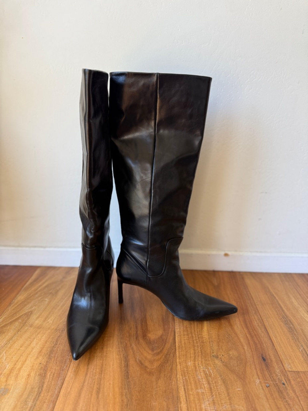 Zara Black Pointed Knee-High Stiletto Boots